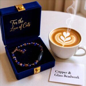OOAK Cat Lovers Bracelet - Lapis Lazuli + Blue Glass + Copper Flowers & Cats